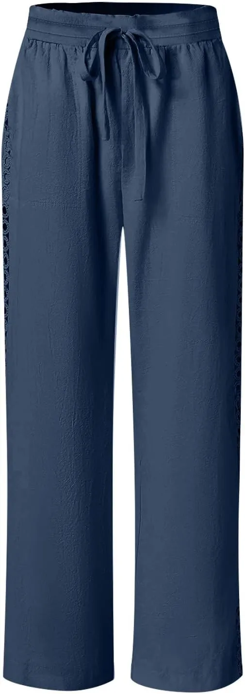 Womens Summer Linen Pants Beach Vacation Clothing Wide Leg High Waisted Drawstring Lace Cutout Linen Pants Trousers