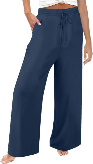 Womens Summer Linen Pants Beach Vacation Clothing Wide Leg High Waisted Drawstring Lace Cutout Linen Pants Trousers