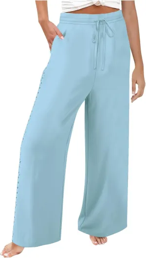 Womens Summer Linen Pants Beach Vacation Clothing Wide Leg High Waisted Drawstring Lace Cutout Linen Pants Trousers