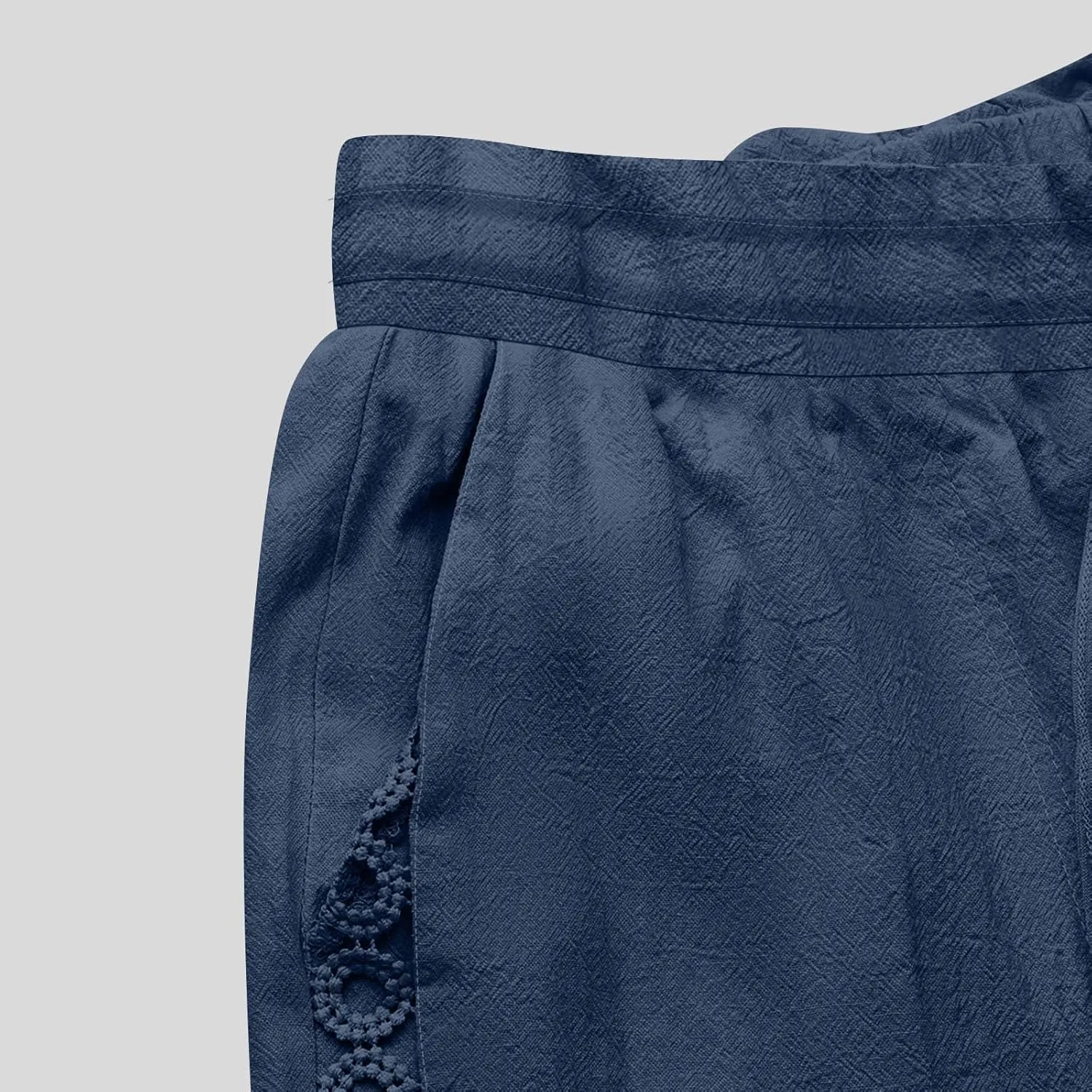 Womens Summer Linen Pants Beach Vacation Clothing Wide Leg High Waisted Drawstring Lace Cutout Linen Pants Trousers