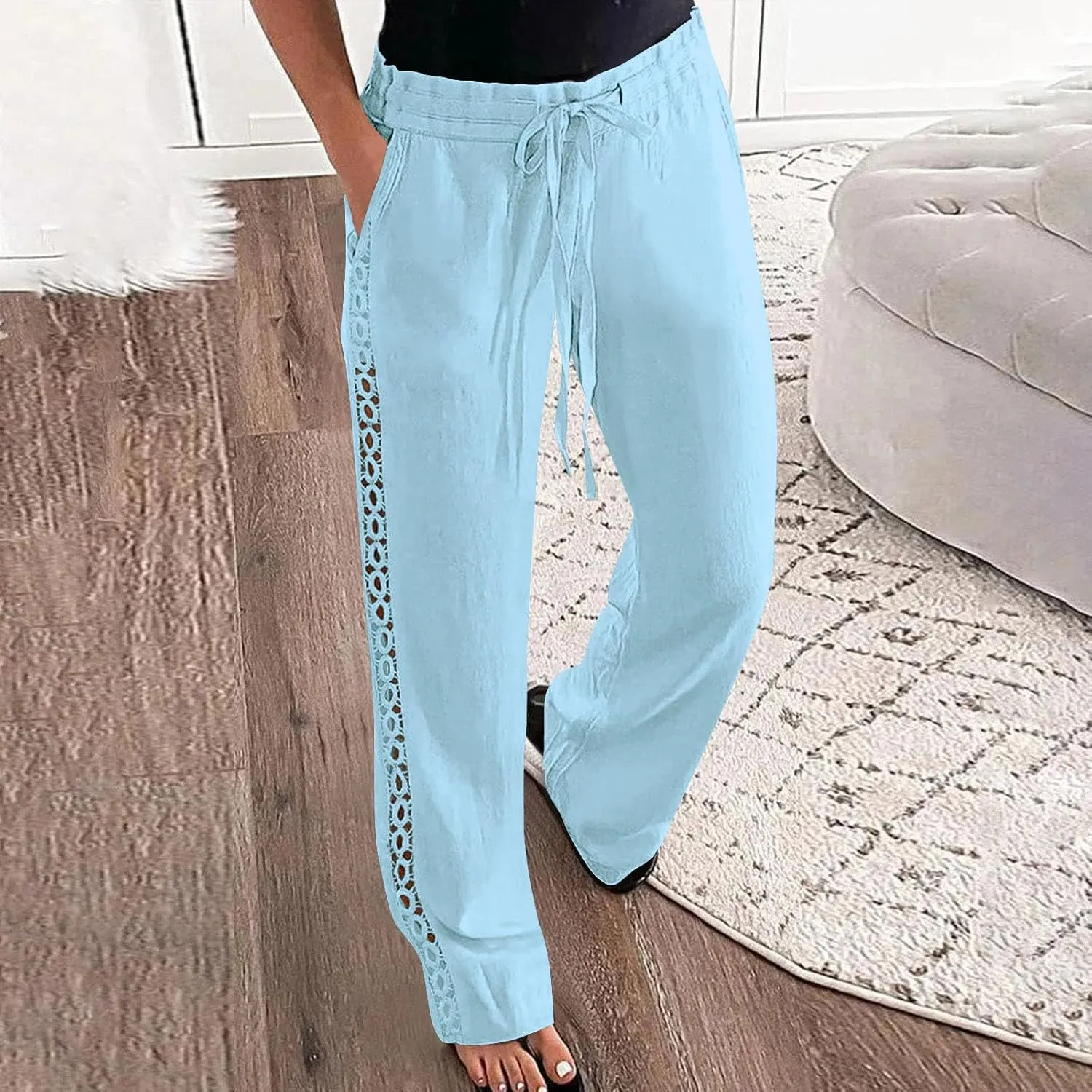 Womens Summer Linen Pants Beach Vacation Clothing Wide Leg High Waisted Drawstring Lace Cutout Linen Pants Trousers