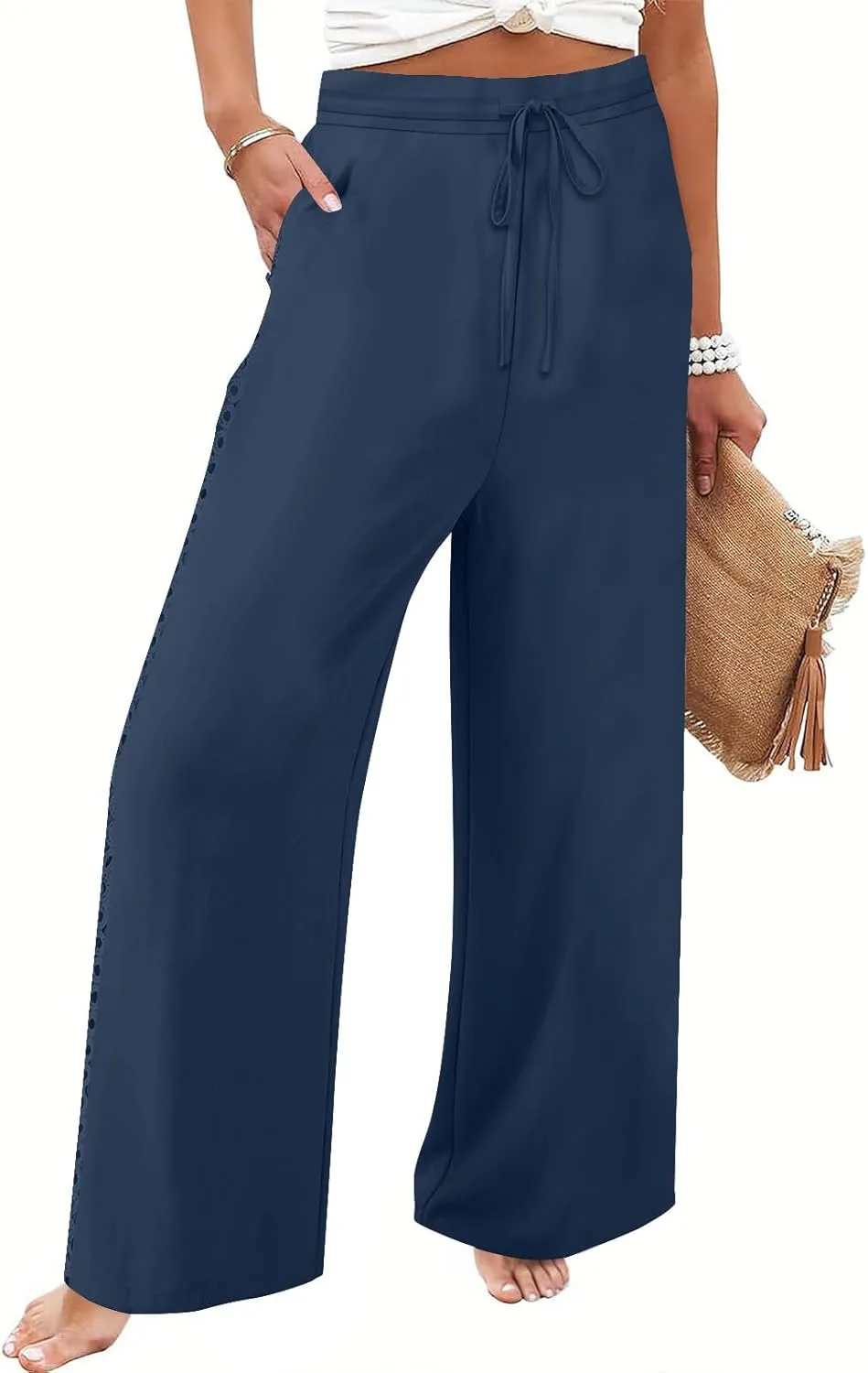 Womens Summer Linen Pants Beach Vacation Clothing Wide Leg High Waisted Drawstring Lace Cutout Linen Pants Trousers