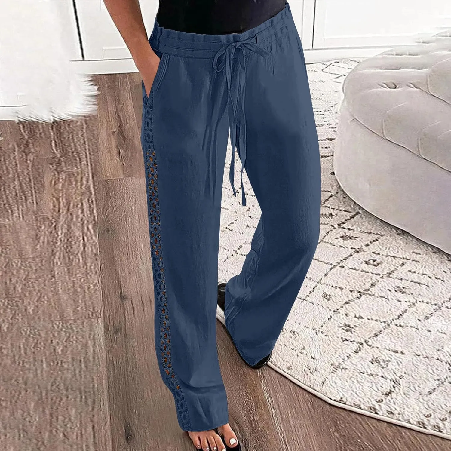 Womens Summer Linen Pants Beach Vacation Clothing Wide Leg High Waisted Drawstring Lace Cutout Linen Pants Trousers