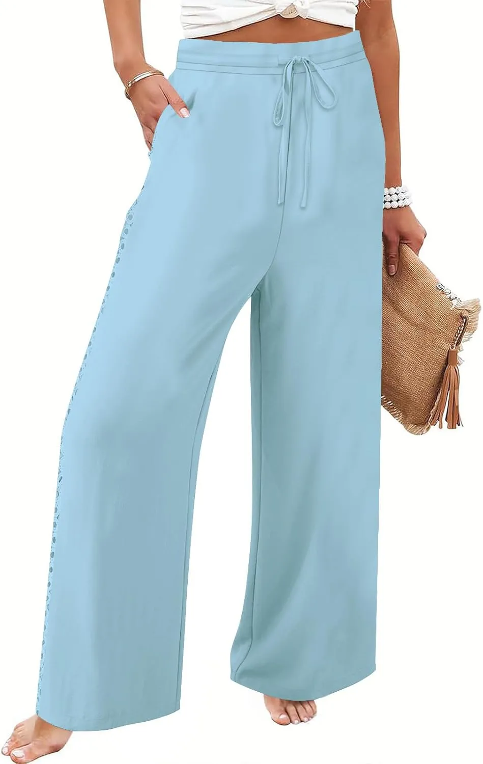 Womens Summer Linen Pants Beach Vacation Clothing Wide Leg High Waisted Drawstring Lace Cutout Linen Pants Trousers