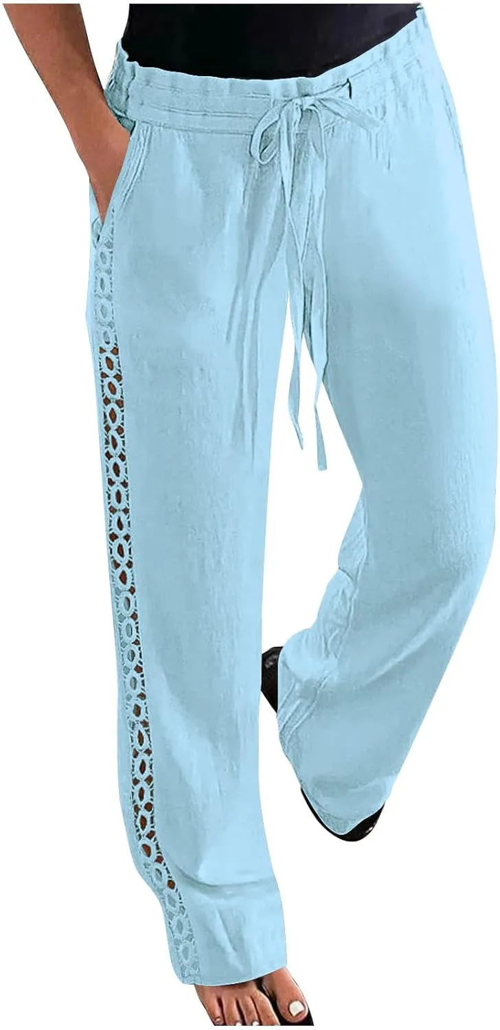 Womens Summer Linen Pants Beach Vacation Clothing Wide Leg High Waisted Drawstring Lace Cutout Linen Pants Trousers