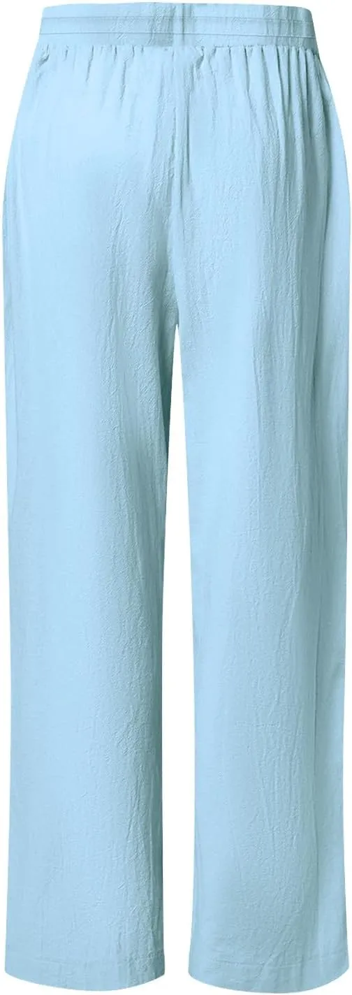 Womens Summer Linen Pants Beach Vacation Clothing Wide Leg High Waisted Drawstring Lace Cutout Linen Pants Trousers