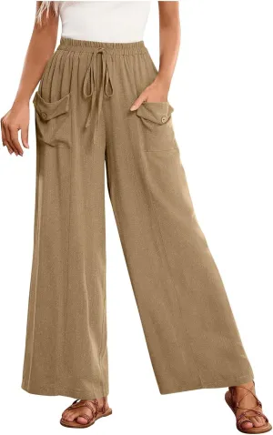 Womens Summer Linen Pants Wide Leg High Waist Flowy Palazzo Button Pockets Casual Drawstring Beach Trousers