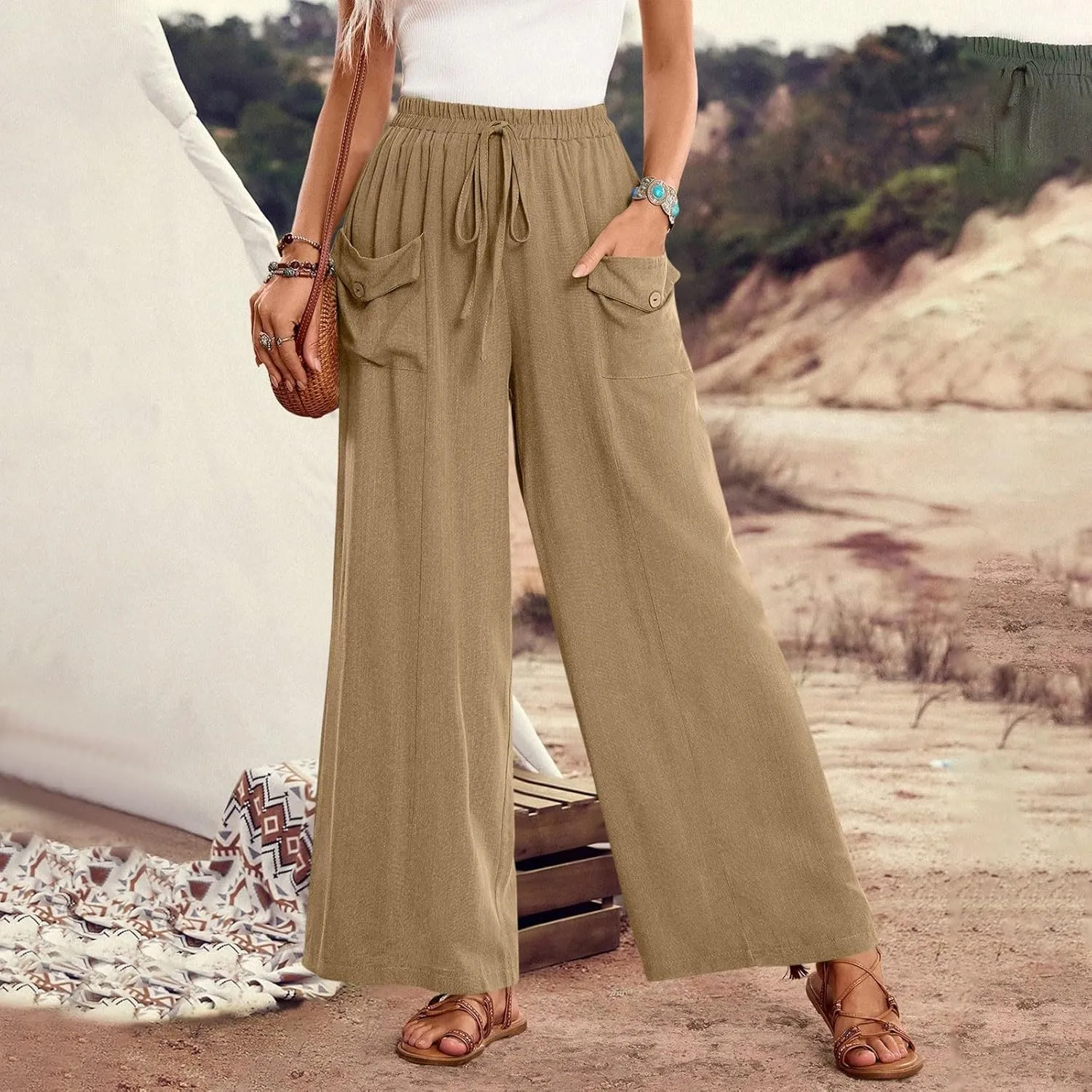 Womens Summer Linen Pants Wide Leg High Waist Flowy Palazzo Button Pockets Casual Drawstring Beach Trousers