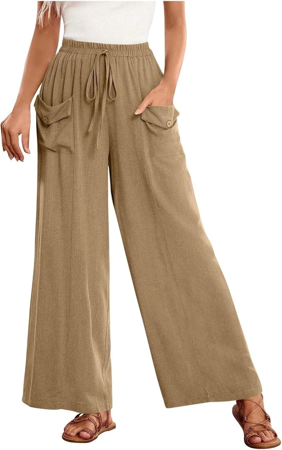 Womens Summer Linen Pants Wide Leg High Waist Flowy Palazzo Button Pockets Casual Drawstring Beach Trousers
