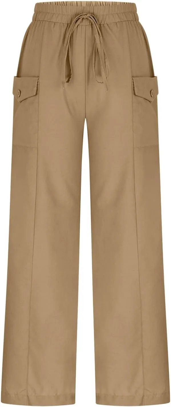 Womens Summer Linen Pants Wide Leg High Waist Flowy Palazzo Button Pockets Casual Drawstring Beach Trousers