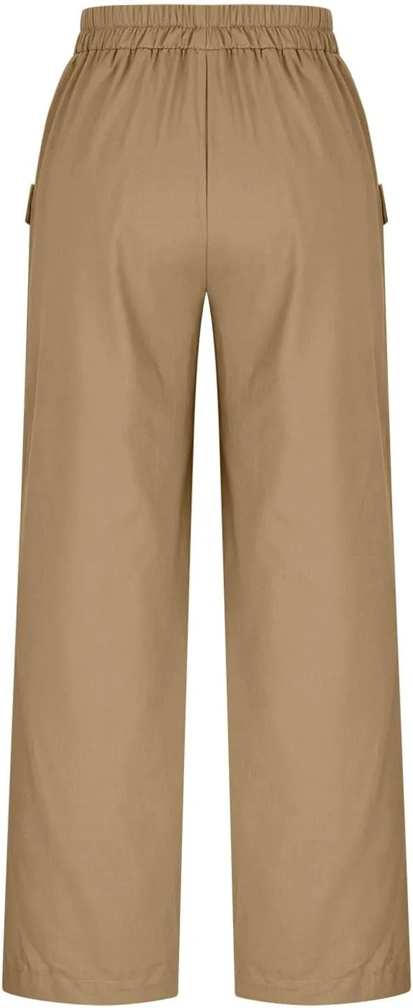 Womens Summer Linen Pants Wide Leg High Waist Flowy Palazzo Button Pockets Casual Drawstring Beach Trousers