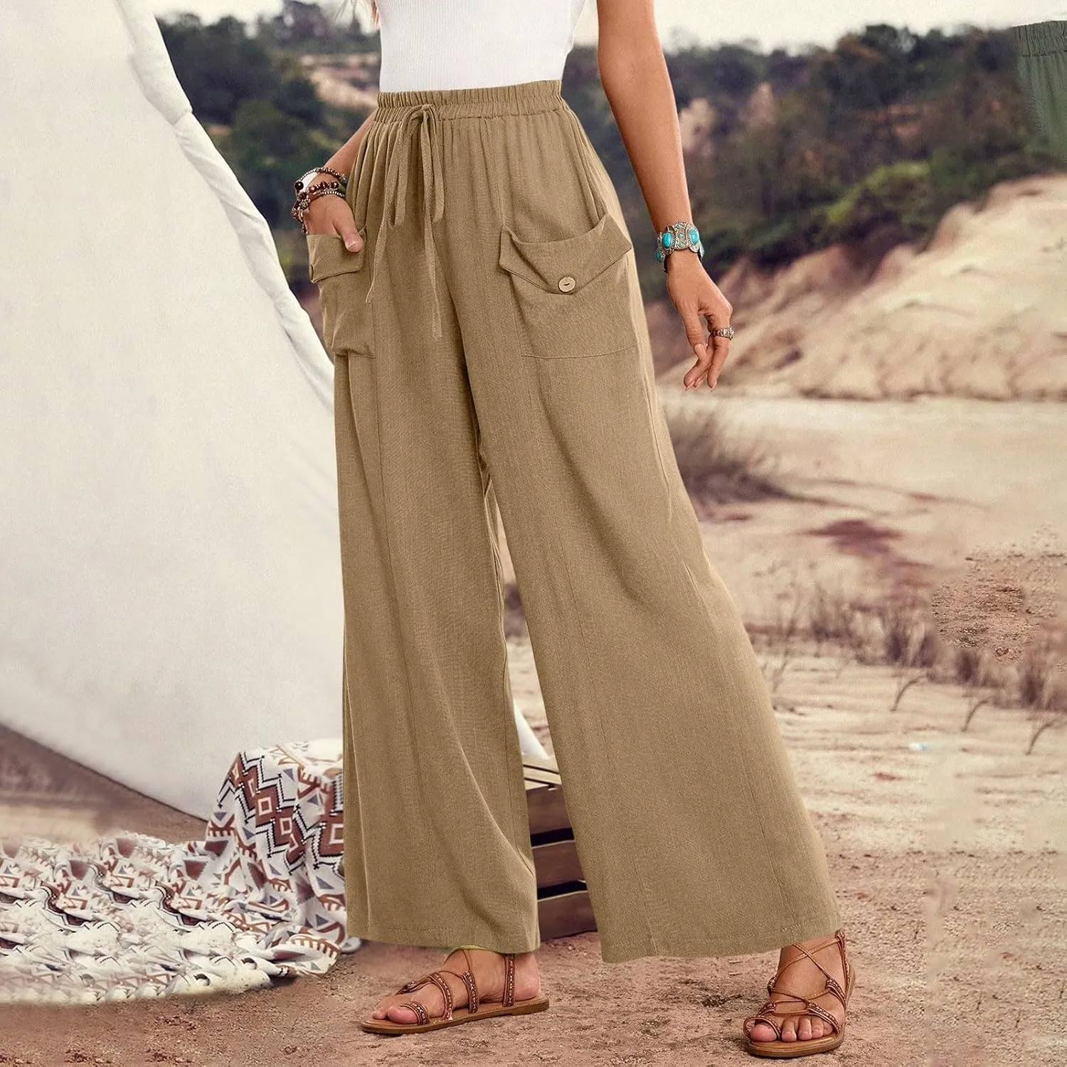 Womens Summer Linen Pants Wide Leg High Waist Flowy Palazzo Button Pockets Casual Drawstring Beach Trousers