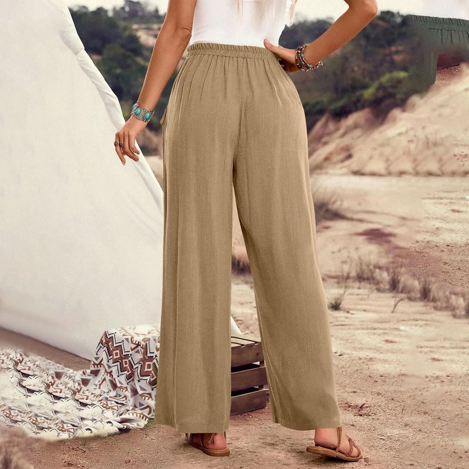 Womens Summer Linen Pants Wide Leg High Waist Flowy Palazzo Button Pockets Casual Drawstring Beach Trousers