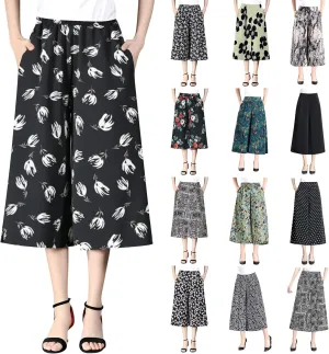 Womens Wide Leg Cropped Pants Plus Size Flowy Loose Fit Capri Pants Summer Floral Printed Elastic High Waisted Beach Trousers