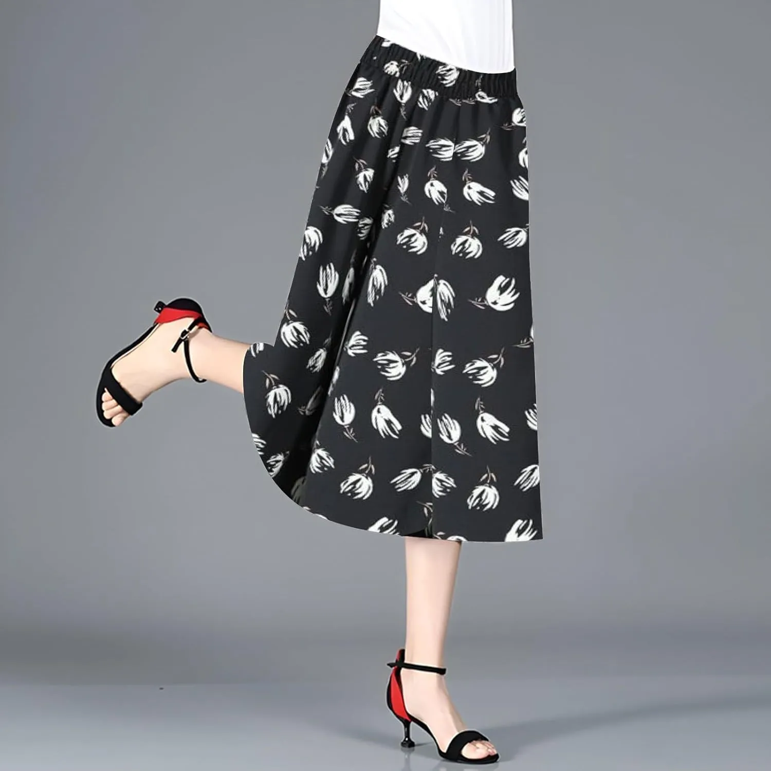 Womens Wide Leg Cropped Pants Plus Size Flowy Loose Fit Capri Pants Summer Floral Printed Elastic High Waisted Beach Trousers