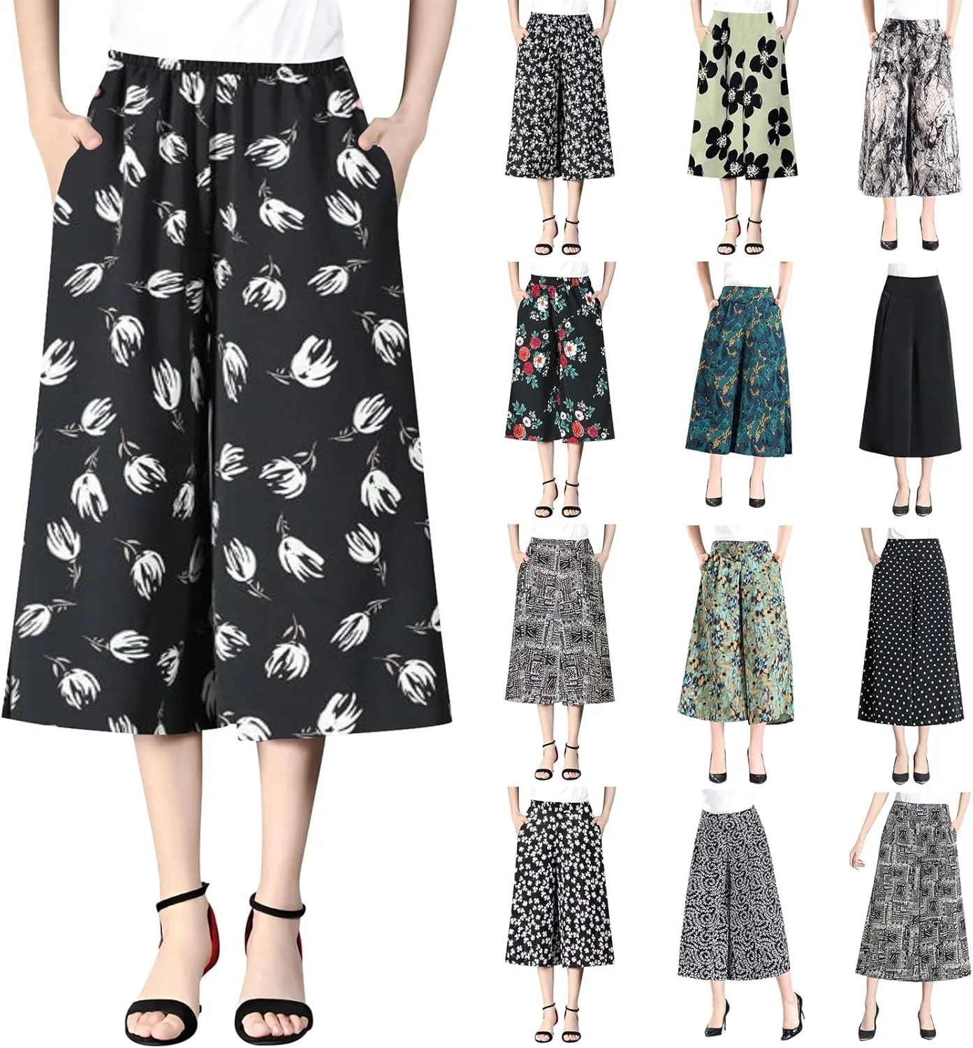 Womens Wide Leg Cropped Pants Plus Size Flowy Loose Fit Capri Pants Summer Floral Printed Elastic High Waisted Beach Trousers