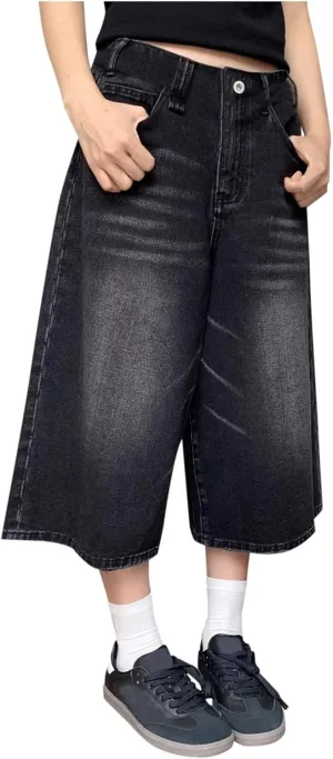 Women's Wide Leg Jeans High Waisted Casual Stretchy Capri Pants Girls Trendy Summer Y2k Baggy Vintage Denim Shorts