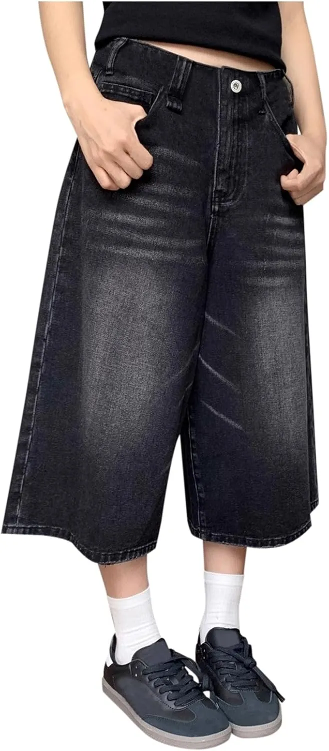 Women's Wide Leg Jeans High Waisted Casual Stretchy Capri Pants Girls Trendy Summer Y2k Baggy Vintage Denim Shorts