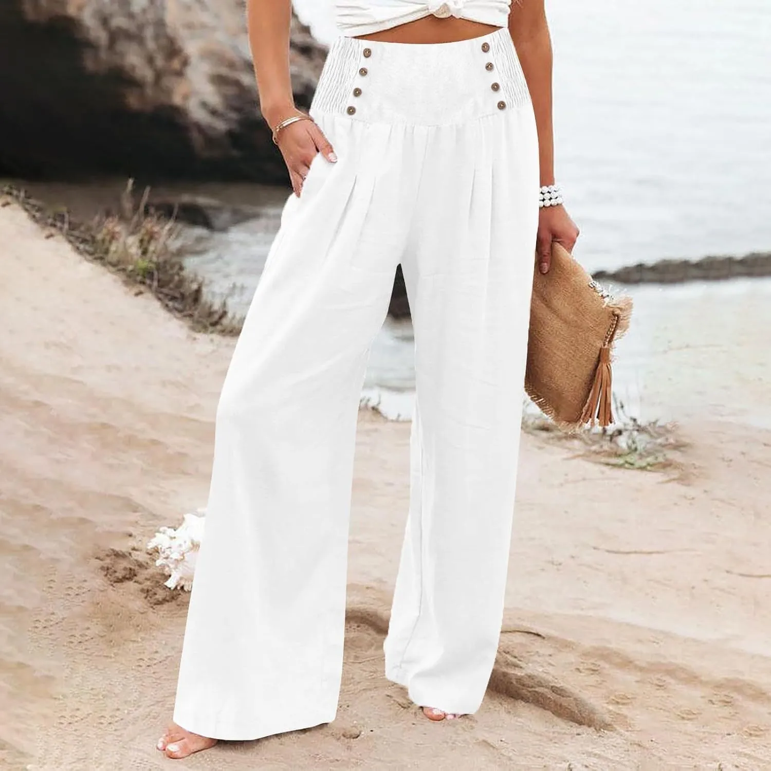 Womens Wide Leg Linen Pants High Waist Summer Casual Baggy Lounge Slacks Lightweight Beach Boho Trousers with Pockets