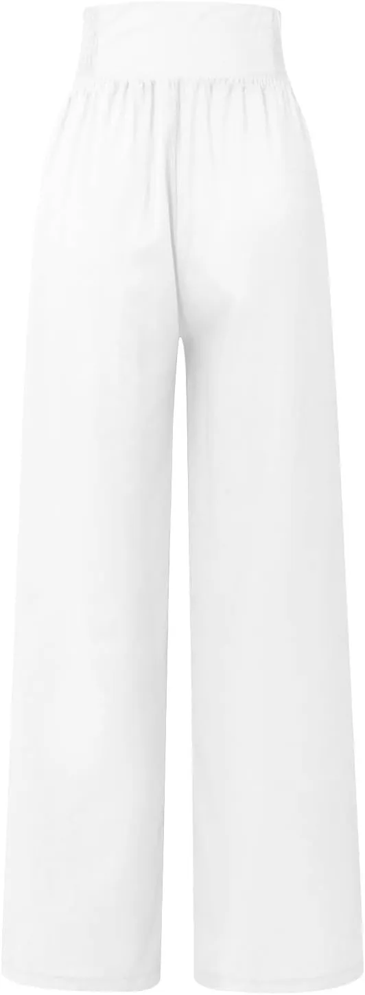 Womens Wide Leg Linen Pants High Waist Summer Casual Baggy Lounge Slacks Lightweight Beach Boho Trousers with Pockets