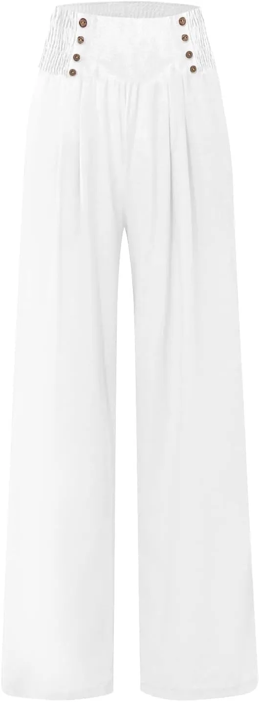 Womens Wide Leg Linen Pants High Waist Summer Casual Baggy Lounge Slacks Lightweight Beach Boho Trousers with Pockets