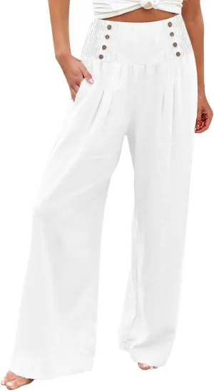 Womens Wide Leg Linen Pants High Waist Summer Casual Baggy Lounge Slacks Lightweight Beach Boho Trousers with Pockets