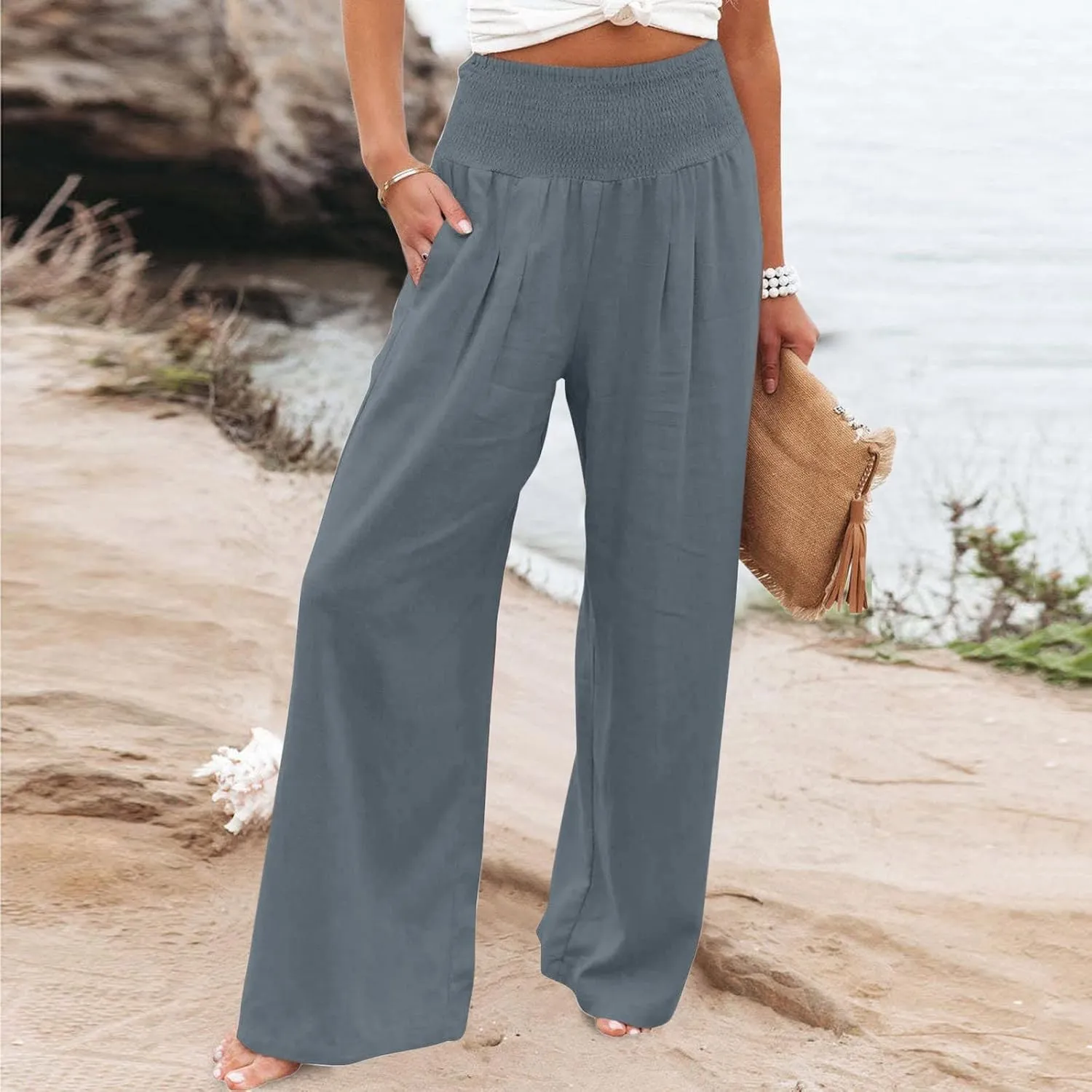 Women's Wide Leg Linen Pants Summer Loose High Waist Smocked Palazzo Pants Baggy Flowy Lounge Beach Pants Trousers