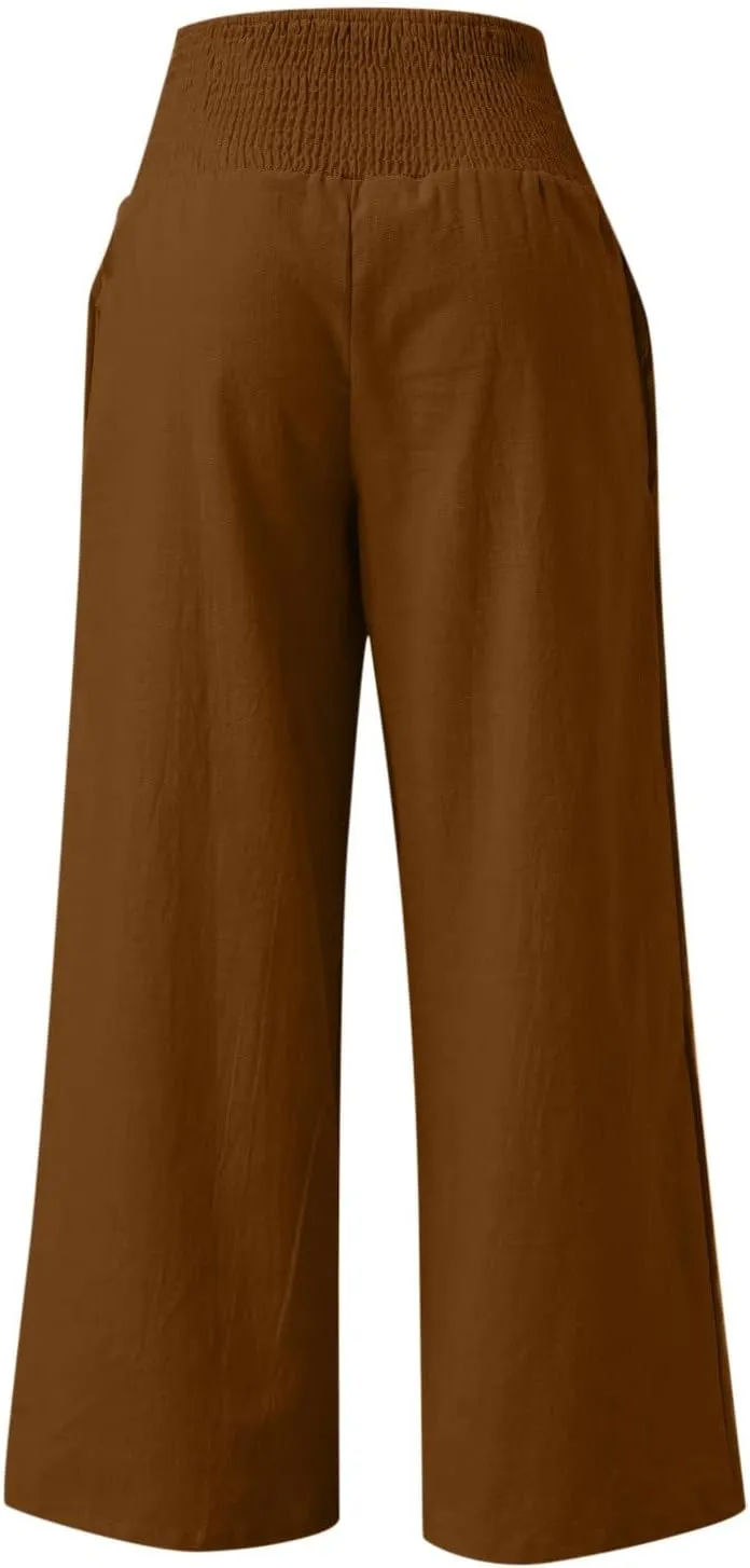 Women's Wide Leg Linen Pants Summer Loose High Waist Smocked Palazzo Pants Baggy Flowy Lounge Beach Pants Trousers