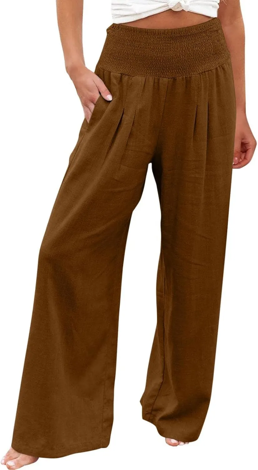 Women's Wide Leg Linen Pants Summer Loose High Waist Smocked Palazzo Pants Baggy Flowy Lounge Beach Pants Trousers