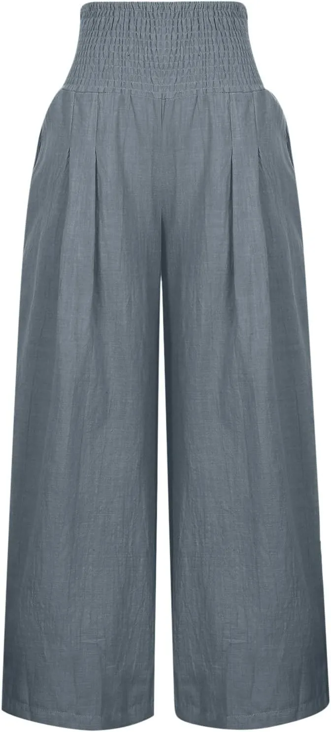Women's Wide Leg Linen Pants Summer Loose High Waist Smocked Palazzo Pants Baggy Flowy Lounge Beach Pants Trousers