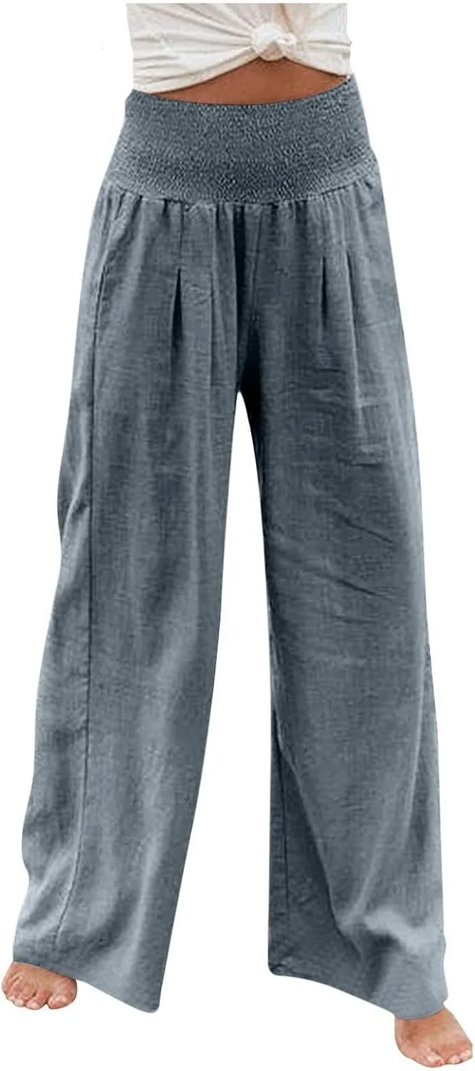 Women's Wide Leg Linen Pants Summer Loose High Waist Smocked Palazzo Pants Baggy Flowy Lounge Beach Pants Trousers
