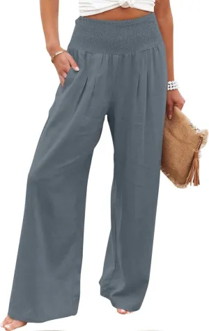 Women's Wide Leg Linen Pants Summer Loose High Waist Smocked Palazzo Pants Baggy Flowy Lounge Beach Pants Trousers