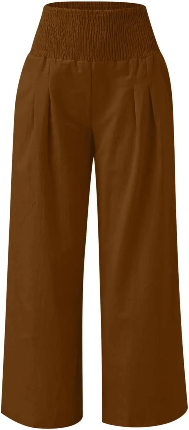 Women's Wide Leg Linen Pants Summer Loose High Waist Smocked Palazzo Pants Baggy Flowy Lounge Beach Pants Trousers