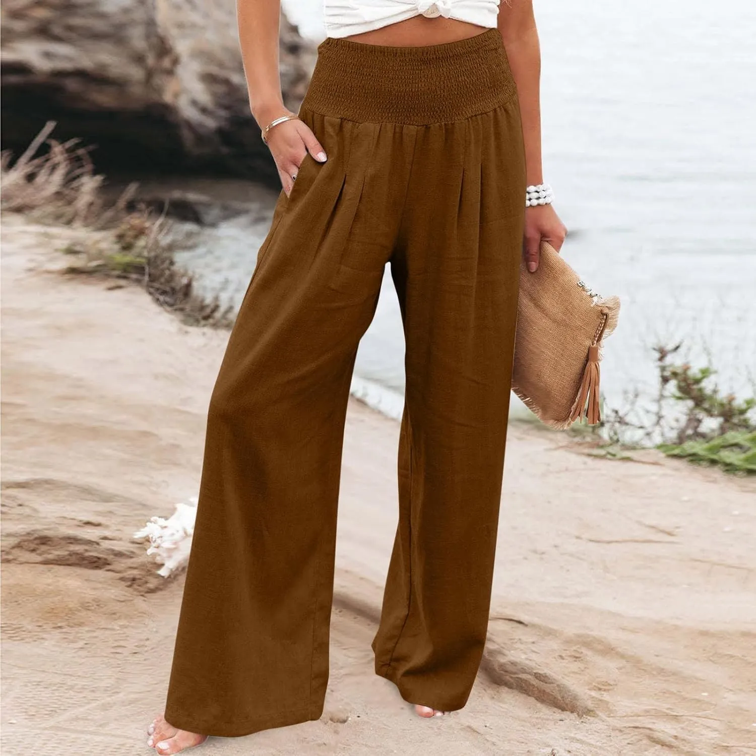 Women's Wide Leg Linen Pants Summer Loose High Waist Smocked Palazzo Pants Baggy Flowy Lounge Beach Pants Trousers