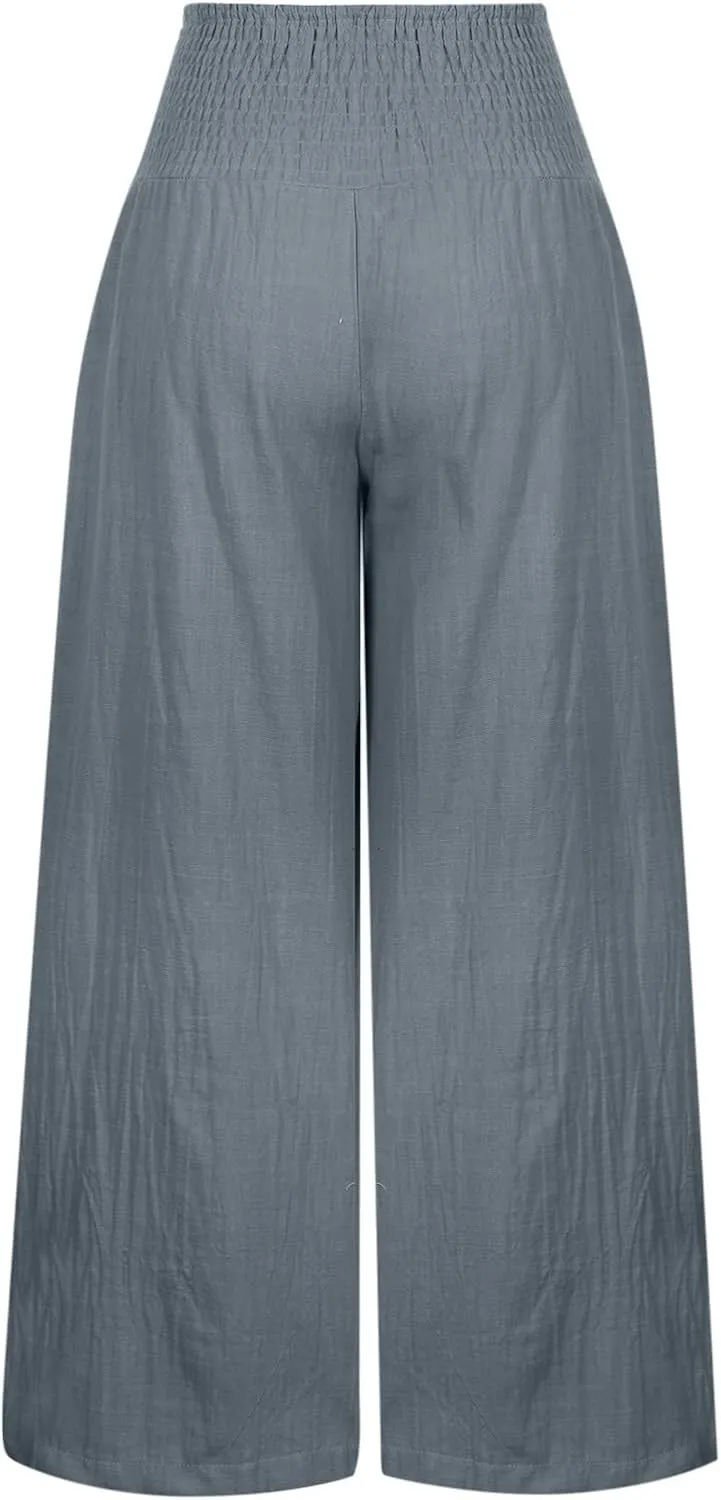 Women's Wide Leg Linen Pants Summer Loose High Waist Smocked Palazzo Pants Baggy Flowy Lounge Beach Pants Trousers