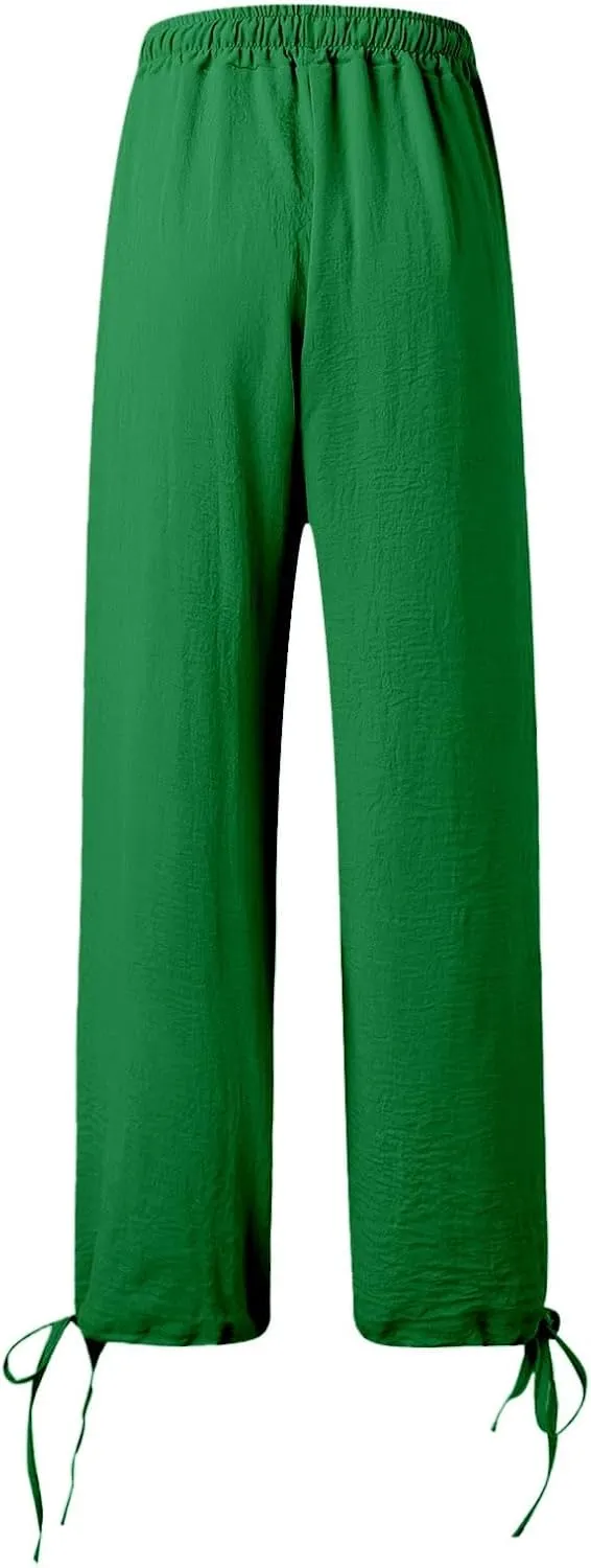Womens Wide Leg Pants Drawstring 2025 Baggy Y2K Summer Stretchy Boho Beach Pants Resort Wear Beach Trendy Palazzo Trousers