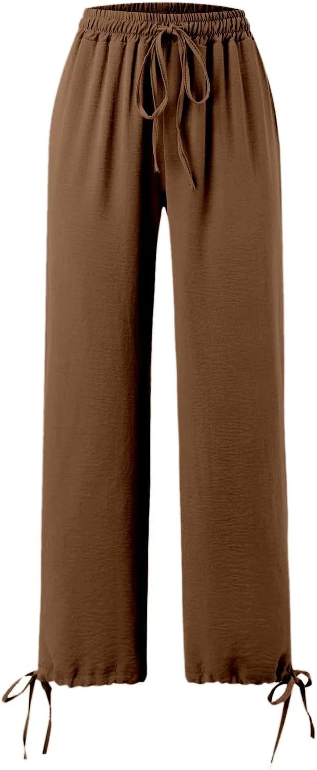 Womens Wide Leg Pants Drawstring 2025 Baggy Y2K Summer Stretchy Boho Beach Pants Resort Wear Beach Trendy Palazzo Trousers