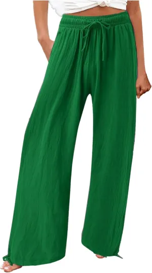 Womens Wide Leg Pants Drawstring 2025 Baggy Y2K Summer Stretchy Boho Beach Pants Resort Wear Beach Trendy Palazzo Trousers