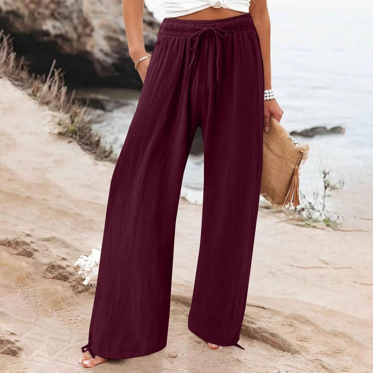 Womens Wide Leg Pants Drawstring 2025 Baggy Y2K Summer Stretchy Boho Beach Pants Resort Wear Beach Trendy Palazzo Trousers