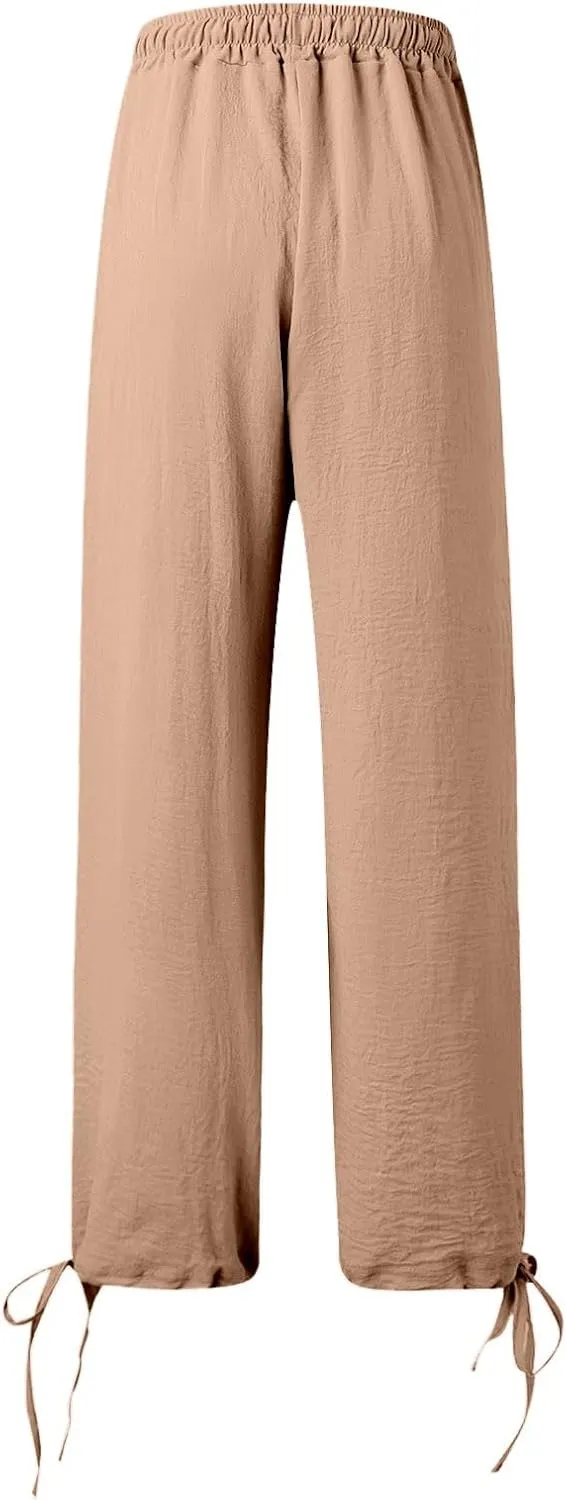 Womens Wide Leg Pants Drawstring 2025 Baggy Y2K Summer Stretchy Boho Beach Pants Resort Wear Beach Trendy Palazzo Trousers