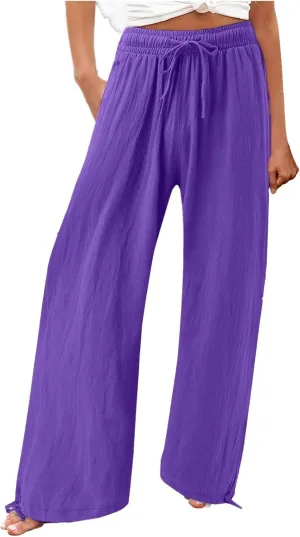 Womens Wide Leg Pants Drawstring 2025 Baggy Y2K Summer Stretchy Boho Beach Pants Resort Wear Beach Trendy Palazzo Trousers