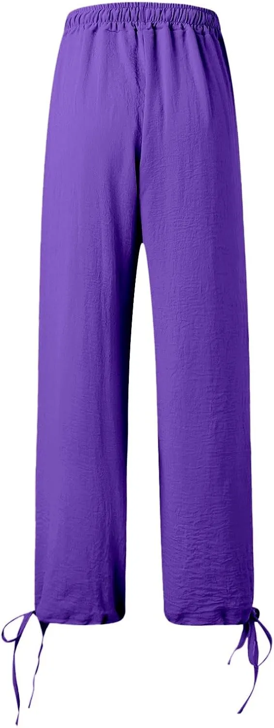 Womens Wide Leg Pants Drawstring 2025 Baggy Y2K Summer Stretchy Boho Beach Pants Resort Wear Beach Trendy Palazzo Trousers