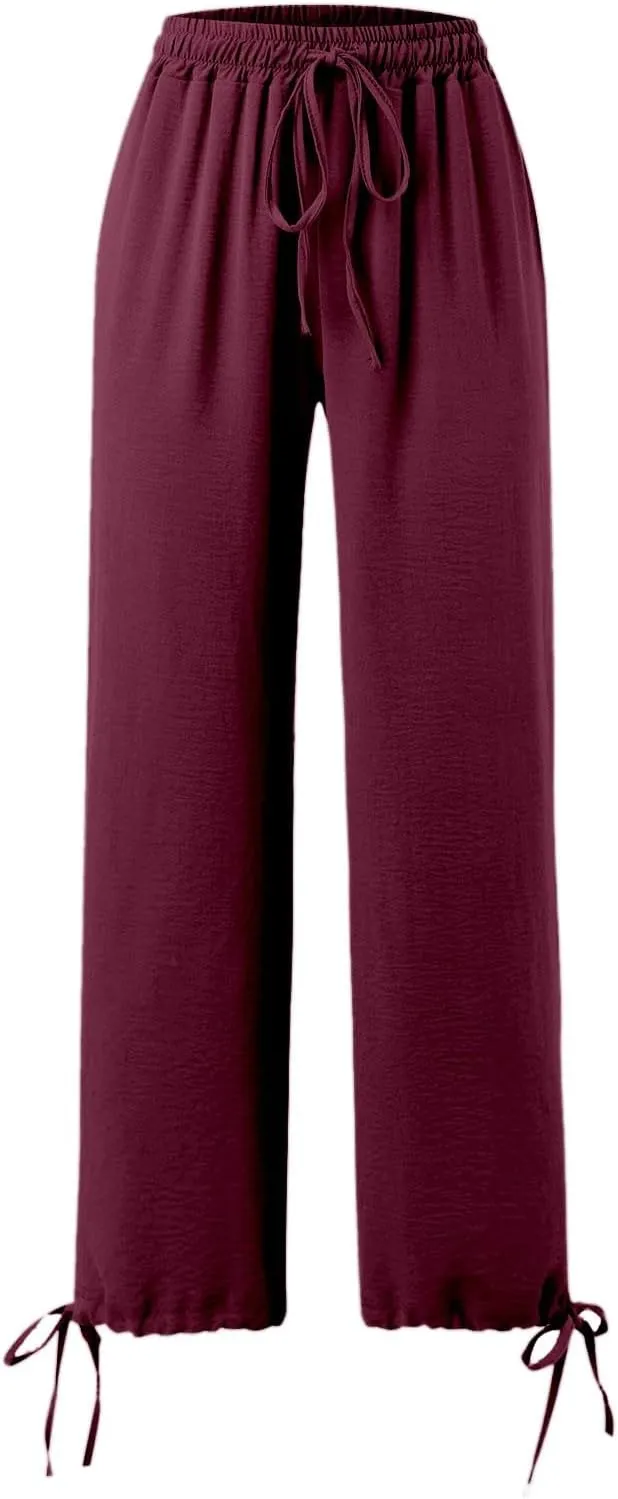 Womens Wide Leg Pants Drawstring 2025 Baggy Y2K Summer Stretchy Boho Beach Pants Resort Wear Beach Trendy Palazzo Trousers