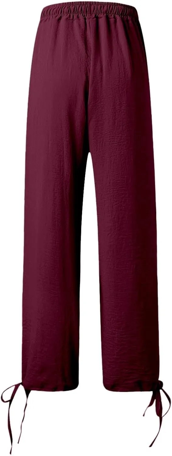 Womens Wide Leg Pants Drawstring 2025 Baggy Y2K Summer Stretchy Boho Beach Pants Resort Wear Beach Trendy Palazzo Trousers