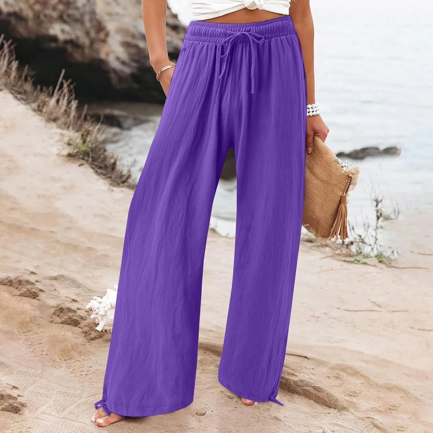 Womens Wide Leg Pants Drawstring 2025 Baggy Y2K Summer Stretchy Boho Beach Pants Resort Wear Beach Trendy Palazzo Trousers