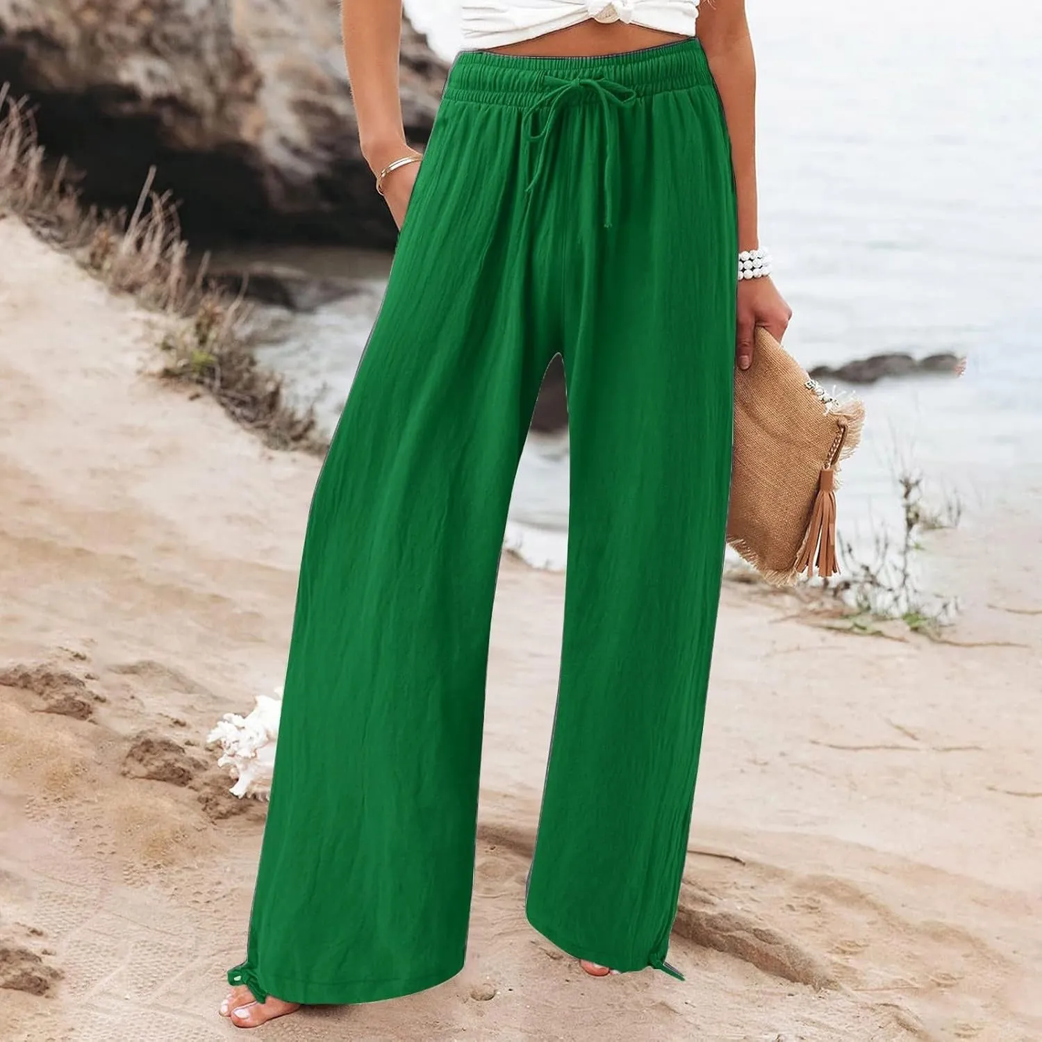 Womens Wide Leg Pants Drawstring 2025 Baggy Y2K Summer Stretchy Boho Beach Pants Resort Wear Beach Trendy Palazzo Trousers