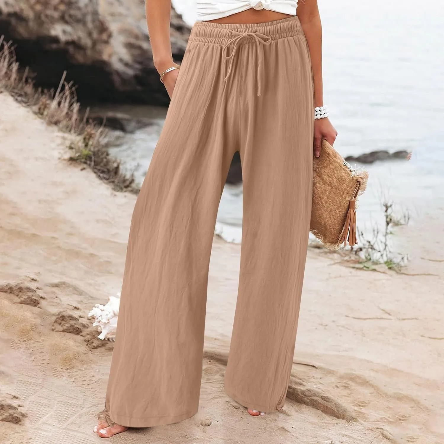 Womens Wide Leg Pants Drawstring 2025 Baggy Y2K Summer Stretchy Boho Beach Pants Resort Wear Beach Trendy Palazzo Trousers
