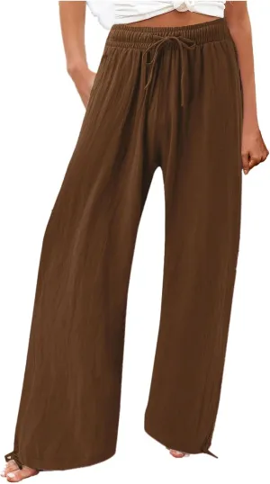 Womens Wide Leg Pants Drawstring 2025 Baggy Y2K Summer Stretchy Boho Beach Pants Resort Wear Beach Trendy Palazzo Trousers