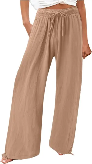 Womens Wide Leg Pants Drawstring 2025 Baggy Y2K Summer Stretchy Boho Beach Pants Resort Wear Beach Trendy Palazzo Trousers