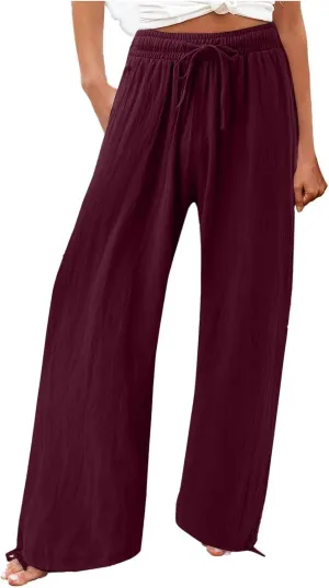 Womens Wide Leg Pants Drawstring 2025 Baggy Y2K Summer Stretchy Boho Beach Pants Resort Wear Beach Trendy Palazzo Trousers